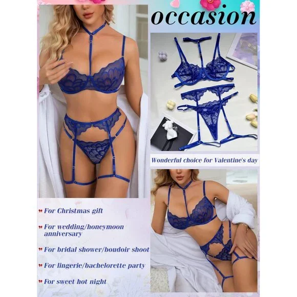 Women's Royal Blue Sexy Lingerie Set Push Up Lace Garter Belt Bra And Panty  Set